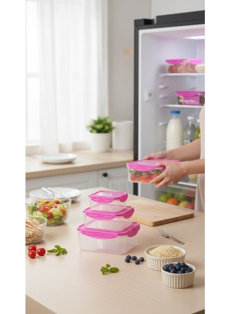 طقم علب تخزين طعام بلاستيك مستطيلة 4 أحجام مختلفة - حافظات ثلاجة وتنظيم مطبخ شفافة بغطاء وردي - تصميم متداخل موفر للمساحة (Preserving Box) - Image 3